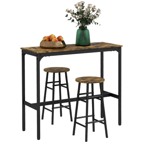 Rootz Bar Table with 2 Chairs - Industrial Design - Set of 2 Bar Stools with Table - 3 Pieces - Brown + Black - 105L x 40W x 90H cm