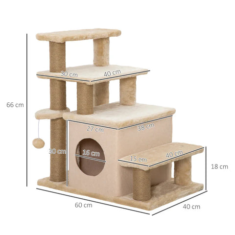 Rootz Pet Stairs - Scratching Post - 4 Steps - Play Ball House - Height Adjustable - Chipboard - Plush - Felt Fabric - Beige - 60 X 40 X 66 Cm