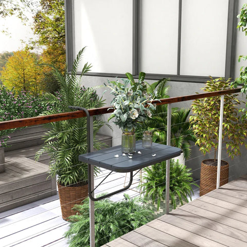 Rootz Balcony Hanging Table - Garden Table - Folding - Height Adjustable - Aluminum Frame - Plastic Table Top - Wood Effect - Black - 60cm x 40cm x 64cm