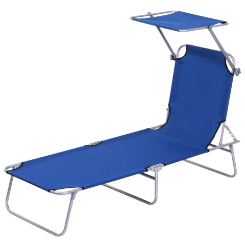 Rootz Sun Lounger - with Sun Shade - Folding Adjustable Backrest - Metal Frame - Beach - Garden - Patio - Blue - 187 x 58 x 36 cm