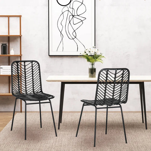 Rootz Dining Room Chairs - Accent Chairs - Boho Style - Kitchen Chairs - Steel Legs - Modern Design - PE Rattan+steel - Black - 44L x 58W x 85H cm