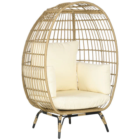 Rootz Rattan Look Wicker Chair - Soft Seat Cushions - Aluminum Frame - Khaki + Beige - 105 x 97 x 150 cm