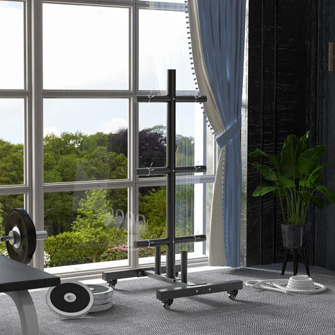 Rootz Weight Plate Rack - 6 Support Arms - 2 Sleeves For Weight Bars - Up To 200 Kg - Steel - Black - 70 x 60 x 135 cm