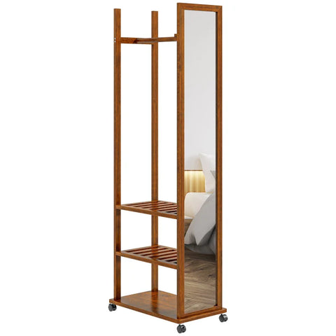 Rootz 2-in-1 Mirror - Full-length Mirror - Dressing Tables & Mirrors - Wardrobe - 1 Clothes Rail - 3 Shelves - Pine Wood - Natural - 35.8 x 59.8 x 170 cm
