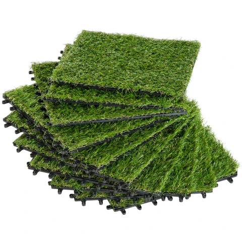 Rootz Artificial Grass Turf - Lifelike - Drainage Function - 25mm Height - Set Of 10 - UV-resistant - Green - 30x30cm