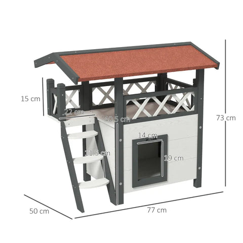 Rootz Cat House - Pet Kennel - Asphalt Roof - 2 Levels  1 Ladder - Fir Wood - White + Red - L77 x W50 x H73 cm