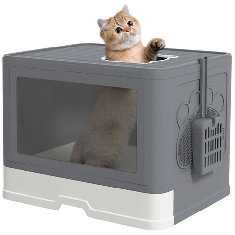 Rootz Cat Litter Box - Cover - Shovel - 2 Exits - Cat up to 4kg - Pull-out drawer - Plastic - Gray - White - 48.5 X 38 X 36.5 Cm