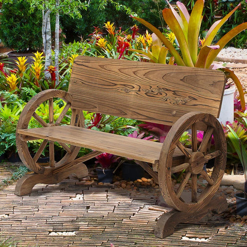 Rootz Garden Bench with Armrests - Wagon Wheels Design Bench - Garden Furniture - Rustic Bench - Solid Wood - Brown - 114 x 58 x 80 cm