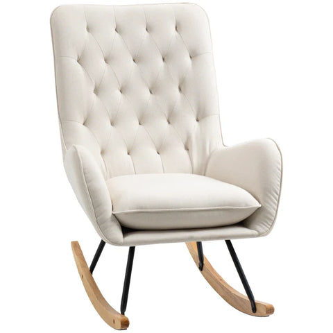 Rootz Rocking Chair - Scandi Design - Relaxation Chair - Button Stitching - Living Room - Dining Room - Cream + Natural + Black - 69 cm x 90 cm x 100 cm