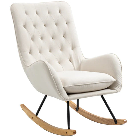 Rootz Rocking Chair - Scandi Design - Relaxation Chair - Button Stitching - Living Room - Dining Room - Cream + Natural + Black - 69 cm x 90 cm x 100 cm