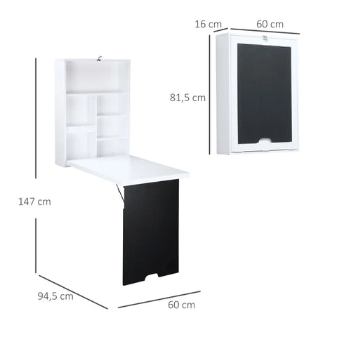 Rootz Wall Desk - Folding Table Top - Wall Table - 5 Compartments - Space-saving - Black+ White - 60x94.5x147cm