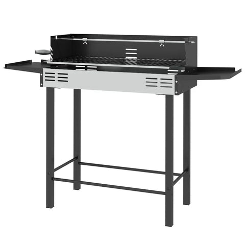 Rootz Charcoal Grill - BBQ Smoker - Adjustable Grate - Side Shelves - 1 Rotisserie Spit - Warming Rack - Enameled Cast Iron - Black + Silver - 118 x 32 x 90 cm