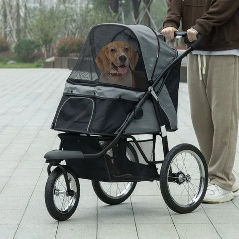 Rootz Folding Dog Stroller - Pet Stroller - Sun Shade - Mesh Window - Storage Basket - Gray - 111 x 58 x 107 cm