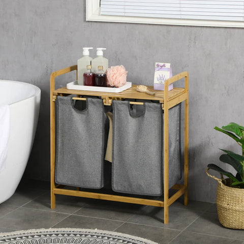 Rootz Bamboo Laundry Basket - Laundry Hamper with Shelf - Pull-out Bags for Bedroom - Bathroom - Laundry Room - Grey - 64 x 33 x 73 cm