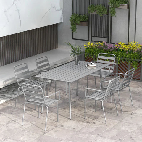 Rootz Garden Furniture Sets - Outdoor Seating - Weatherproof - Dining Table & Six Armchairs - Metal Plate Design - Steel - Light Gray - 150 x 80 x74 cm