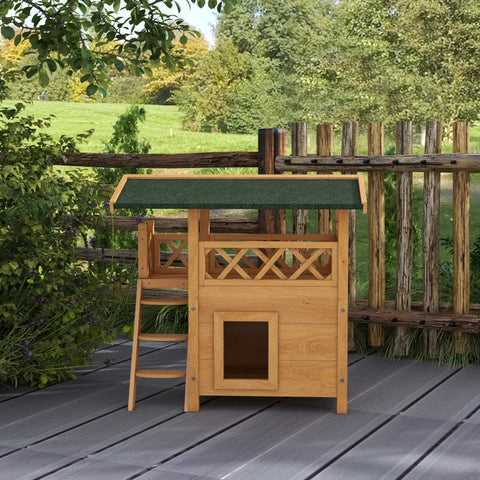 Rootz Cat House - Pet Kennel - Asphalt Roof - 2 Levels - 1 Ladder - Fir Wood - Natural + Green - L77 x W50 x H73 cm
