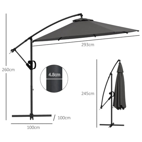 Rootz Cantilever Parasol - Including Cross Base - Sun Protection - Umbrella Roof - Polyester Fabric - Aluminum Frame - Gray - 293 x 293 x 260 cm