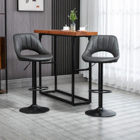 Rootz Bar Stools - Set of 2 - Leather Look - Height Adjustable Footrest - Metal Frame - Faux Leather - Gray - 44 x 49 x 90-110 cm