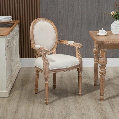 Rootz Kitchen Chair In Antique Design - Breathable Cover - Linen Look - Solid Wood Frame - Imitation Linen - Cream White - 56 x 54 x 96cm