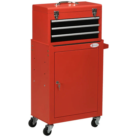 Rootz 2-in-1 Tool Trolley - Mobile Trolley - Tool Cabinet - 3 Drawers - Tool Board - Steel Housing - Red - 46L x 28W x 94H cm