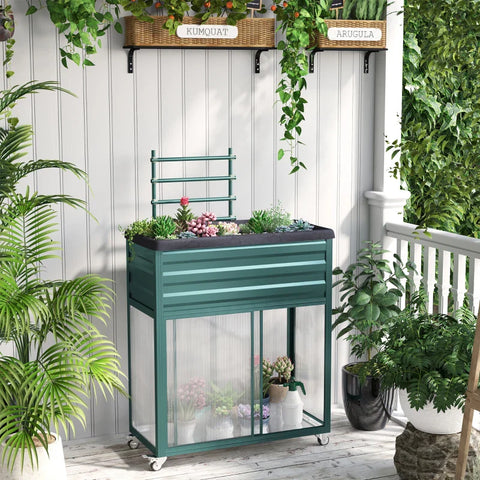 Rootz Raised Bed with Storage - Trellis -  Planters - Sliding Doors - Stainless Steel Frame - Green - 85 x 40 x 135 cm