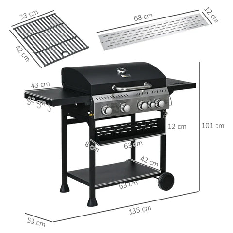 Rootz BBQ Gas Grill - 4 Main Burners - 1 Side Cooker - Side Table - Bottom Shelf - Spice Rack - 1 Warming Plate - Galvanized Steel - Stainless Steel - Black+silver - 135L x 53W x 101H cm