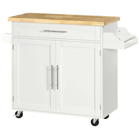 Rootz Kitchen Trolley - Serving Trolley - Kitchen Island - 1 Spice Rack - 1 Towel Holder - Height Adjustable - Rubber Wood - White - 109L x 40W x 89H cm