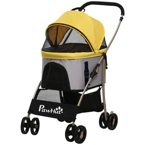 Rootz 2-in-1 Dog Buggy - Foldable Dog Trolley - 1 Basket - 1 Bag - Dog Pushchair - Universal Wheel Brake - Canopy - Yellow - 82cm x 49.5cm x 98cm