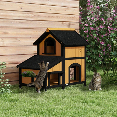 Rootz Cat House - Cat Cave - Flower Box - Waterproof - Fir Wood - Yellow - White - Black - 96cm X 65cm X 85.5cm