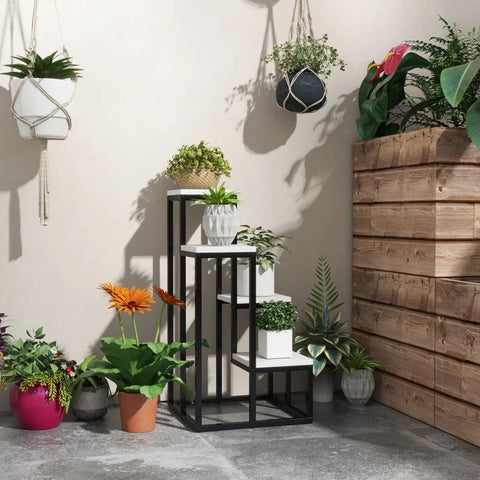 Rootz Flower Shelf - 4 Tier Plant Shelve - Flower Rack - Indoor & Outdoor - Metal Frame - Fir Wood - Black + White - 34L x 34W x 70H cm