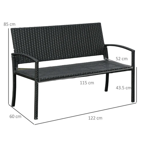 Rootz Garden Bench - Rattan Look - With Steel Frame - For 2 People - Outdoor Garden Conservatory Chair - Black - 122 x 60 x 85 cm