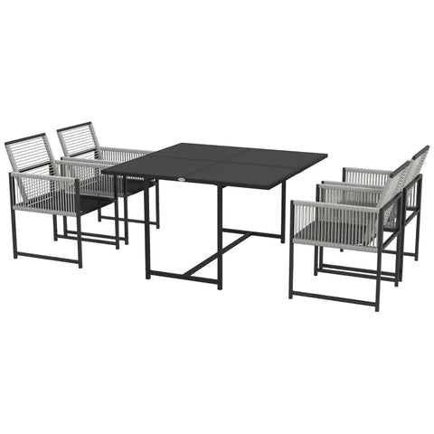 Rootz Garden Furniture Set - Outdoor Dining Set - Weather Resistant - 1 Table - 4 Chairs - Steel-tempered Glass-textline - Light Gray-Black - 48W x 43D x 40H cm