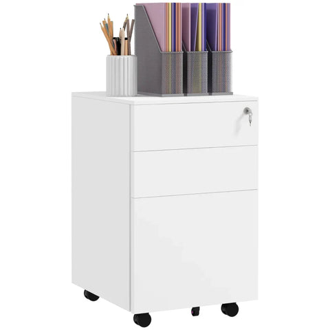Rootz Rolling Container - Filing Cabinet - 3 Drawers - Lockable - Rollable - Pre-assembled Body - White - 37 cm x 43.5 cm x 60 cm