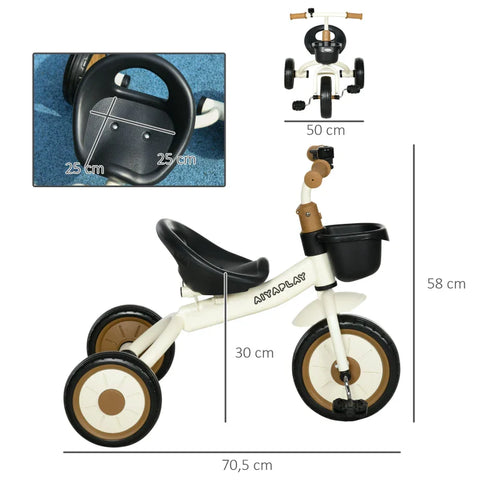 Rootz Tricycle for Children - 2-5 Years - Height Adjustable Seat - Bell - Bicycle Basket - Metal Frame - White - 70.5cm x 50cm x 58cm