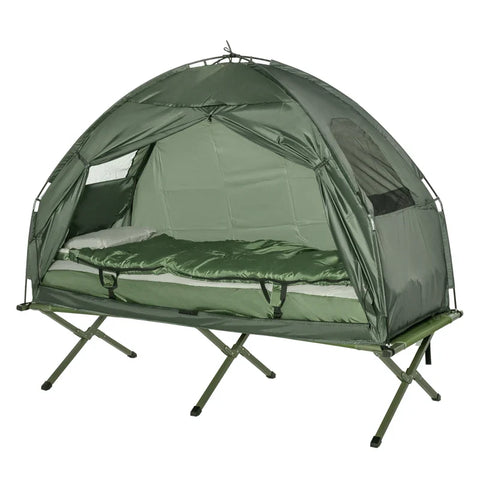 Rootz Camping Tent Set With Camp Bed - Sleeping Bag And Mattress - Outdoor Hiking Picnic Bed - Dark Green - L193 x W86 x H160 cm