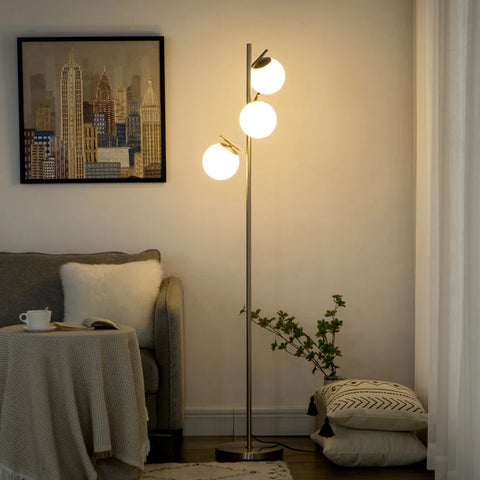 Rootz Floor Lamp With 3 Glass Lampshades - E27 - Foot Switch - Metal - Glass - Silver + White - Ø27 x 169H cm