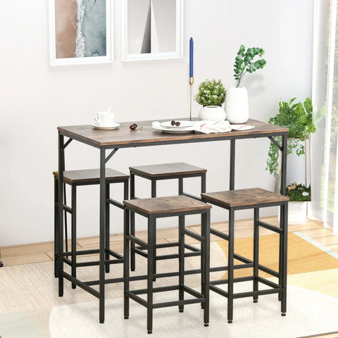 Rootz Bar Table Set - Bar Table With 4 Bar Stools - Kitchen Counter - Chipboard - Steel - Rustic Brown + Black - 100 x 60 x 88 cm