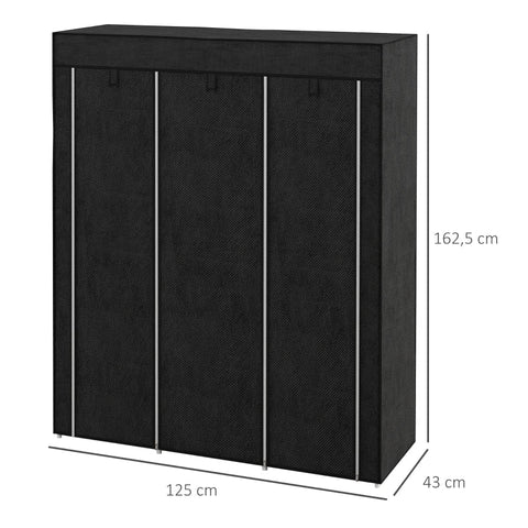 Rootz Fabric Cabinet - Storage Solution - 8 Shelves - 2 Clothes Rails - Non-woven Fabric - Black - 125cm x 43cm x 162.5cm