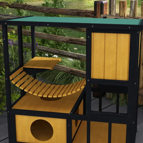 Rootz Cat House - Weather Resistant - Cat Cave - 1 Ramp - 1 Platform - Wooden Frame Construction - Pine Wood-fir Wood - Black-Yellow-Green - 84.5L x 60W x 88H cm
