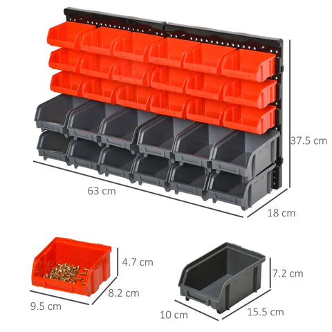 Rootz Storage System - Wall Shelf With Stacking Boxes - 30 Boxes - 2 Perforated Panels - Red + Gray + Black - 37.5 cm x 18 cm x 63 cm