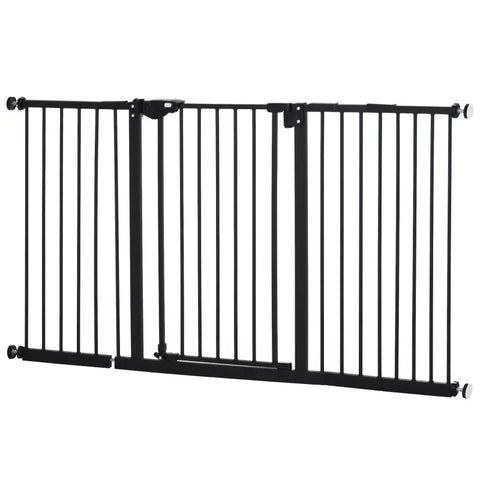 Rootz Door Protection Gate For Dogs - Barrier Gate - Protective Gate For Pets - Dog Gate Including 3 Different Extensions - Stair Gate Without Drilling - Metal - Plastic - Black - 136.3W x 76.2H cm