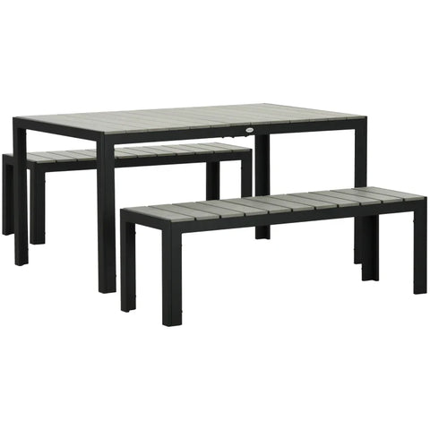 Rootz Garden Furniture Sets - 3 Piece - Patio Furniture Set - 2 Benches - 1 Table - Metal Frame - Wood Look - Steel - Gray - 150L x 90W x 75H cm