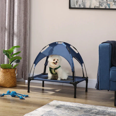 Rootz Pet Bed - Dog Bed - Outdoor Dog Bed with Canopy - Weather Resistant - Blue + Black - 61cm x 46cm x 62cm