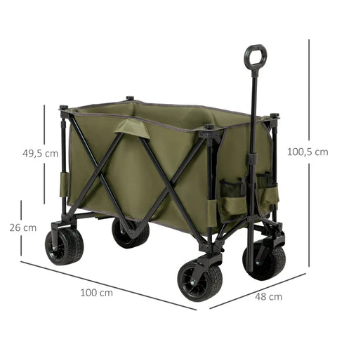 Rootz Folding Handcart - 7 Side Pockets - Adjustable Handle - Up to 120kg - Steel - Green - 100 x 48 x 100.5 cm