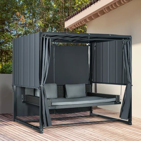Rootz Outdoor PE Rattan Swing Bed - Canopy with Cushions - Pergola Gazebo - Weather Resistant - Gray - 235cm x 180cm x 210cm