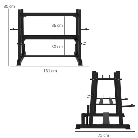 Rootz Dumbbell Stand - Kettlebell - Weight Plates - 3 Tier - Adjustable - Steel - Black - 131 x 75 x 80 cm