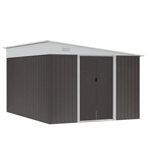 Rootz Metal Tool Shed - Garden Shed - Pitched Roof - Lockable Double Door - Tool Storage House - 2 Air Vents - Grey - 2.8 x 3.45 x 2.01m