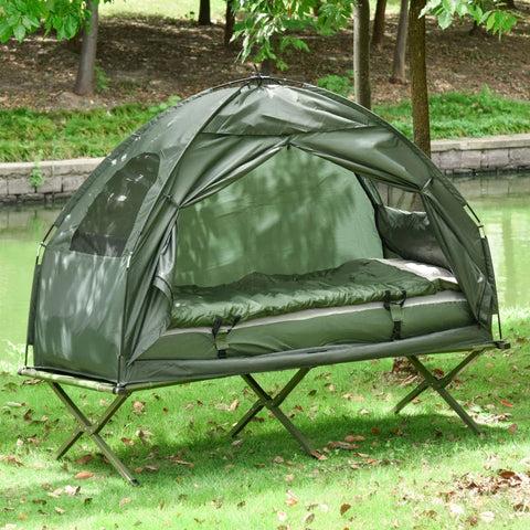 Rootz Camping Tent Set With Camp Bed - Sleeping Bag And Mattress - Outdoor Hiking Picnic Bed - Dark Green - L193 x W86 x H160 cm