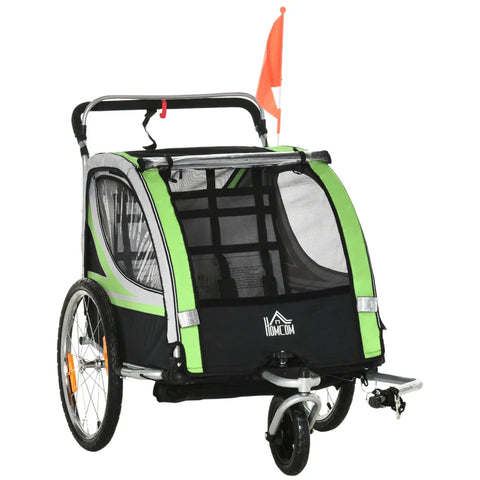 Rootz 2-in-1 Bicycle Trailer - For 2 Children - Sliding Function - Rain Cover - Brake - Oxford Fabric - Green + Black - 142cm x 75cm x 101cm
