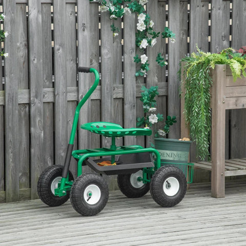Rootz Garden Trolley With Rolling Seat - Shelf Basket - Small Garden Tools - Workshop Trolley - Mobile Garden - Height Adjustable - Metal - Rubber - Green - 98cm x 45cm x 87cm